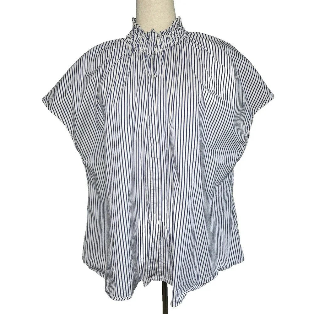 Pomander Place NWOT blue striped womens short sleeve blouse sz XL quiet luxury - Picture 2 of 8